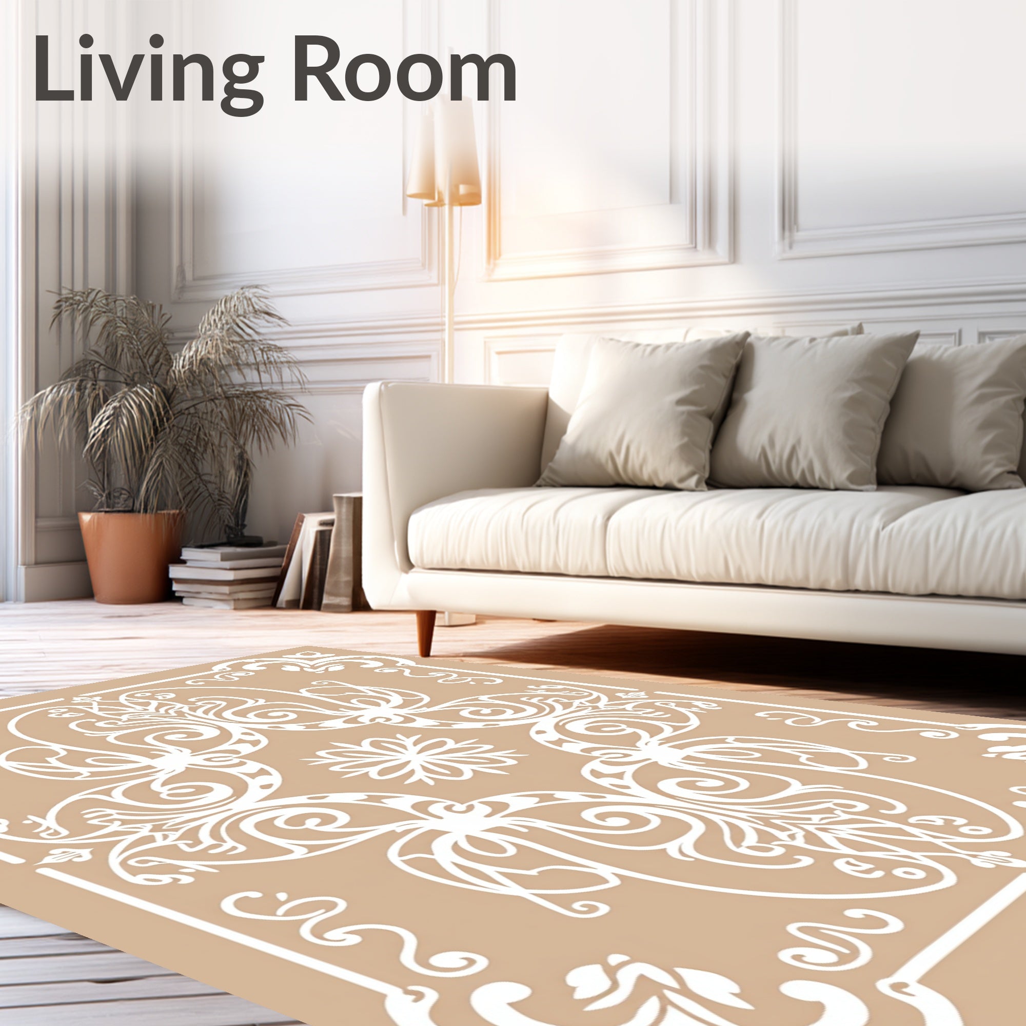 Tan Ornate Scrollwork Pattern Rug