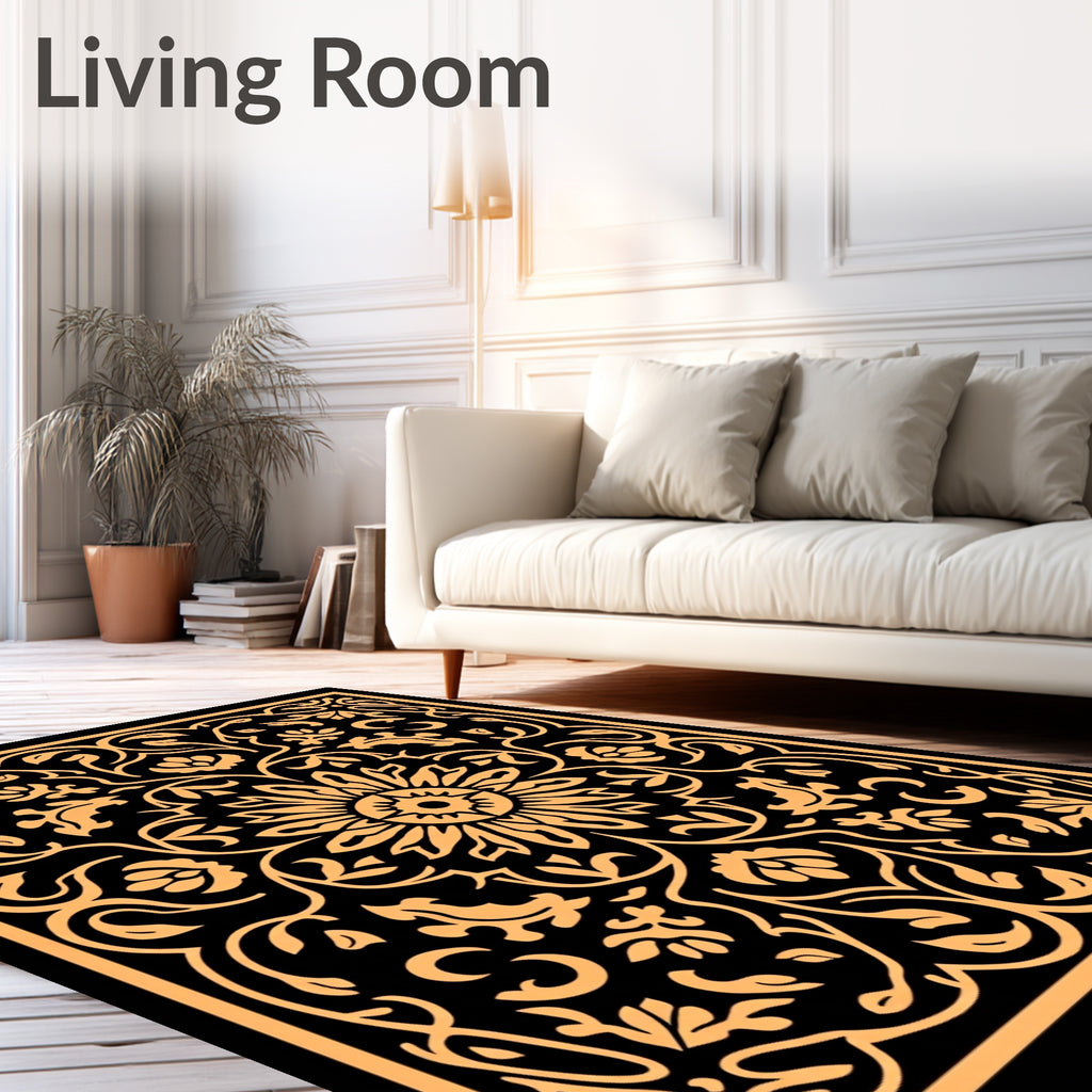 Ornate Floral Paisley Black Gold Rug