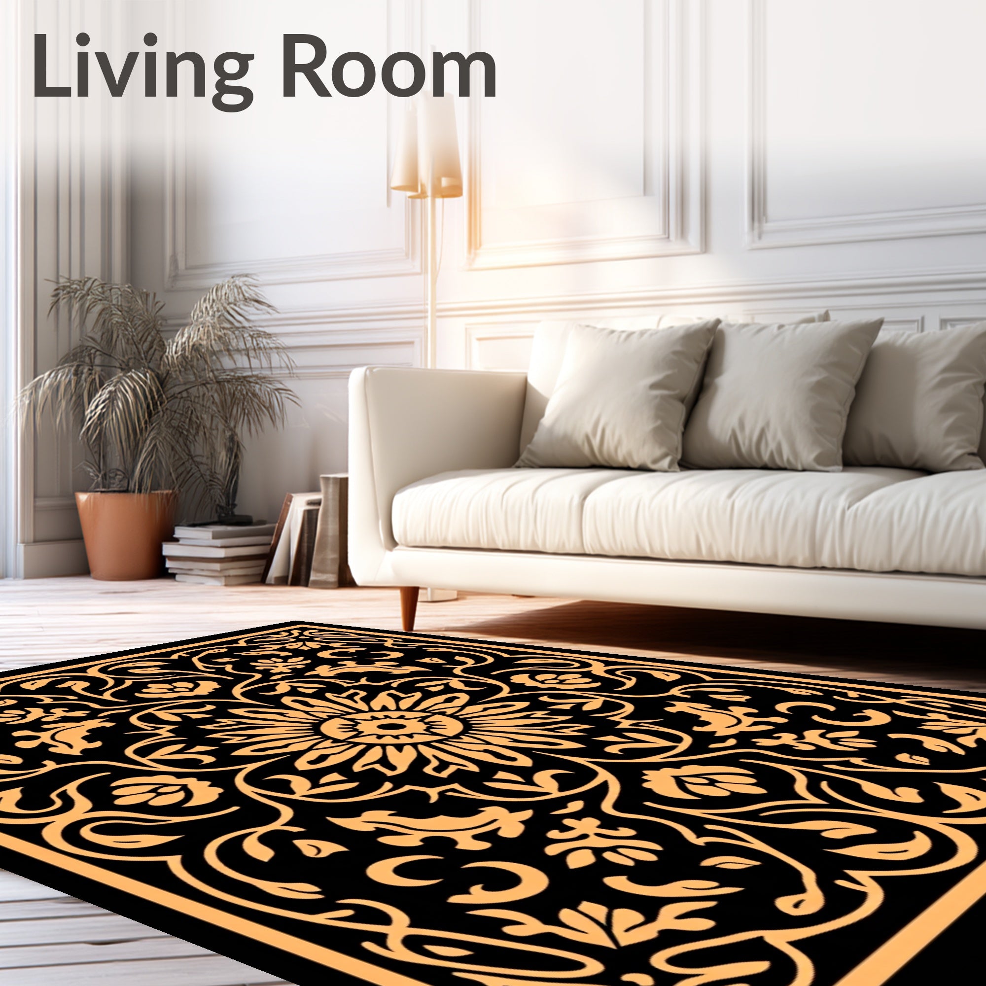 Ornate Floral Paisley Black Gold Rug