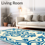 Classic Blue Floral Scroll Border Rug