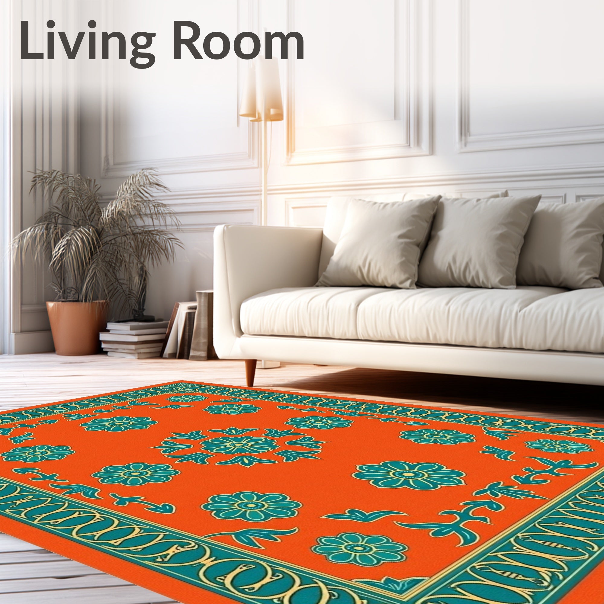 Orange Floral Scroll Pattern Rug