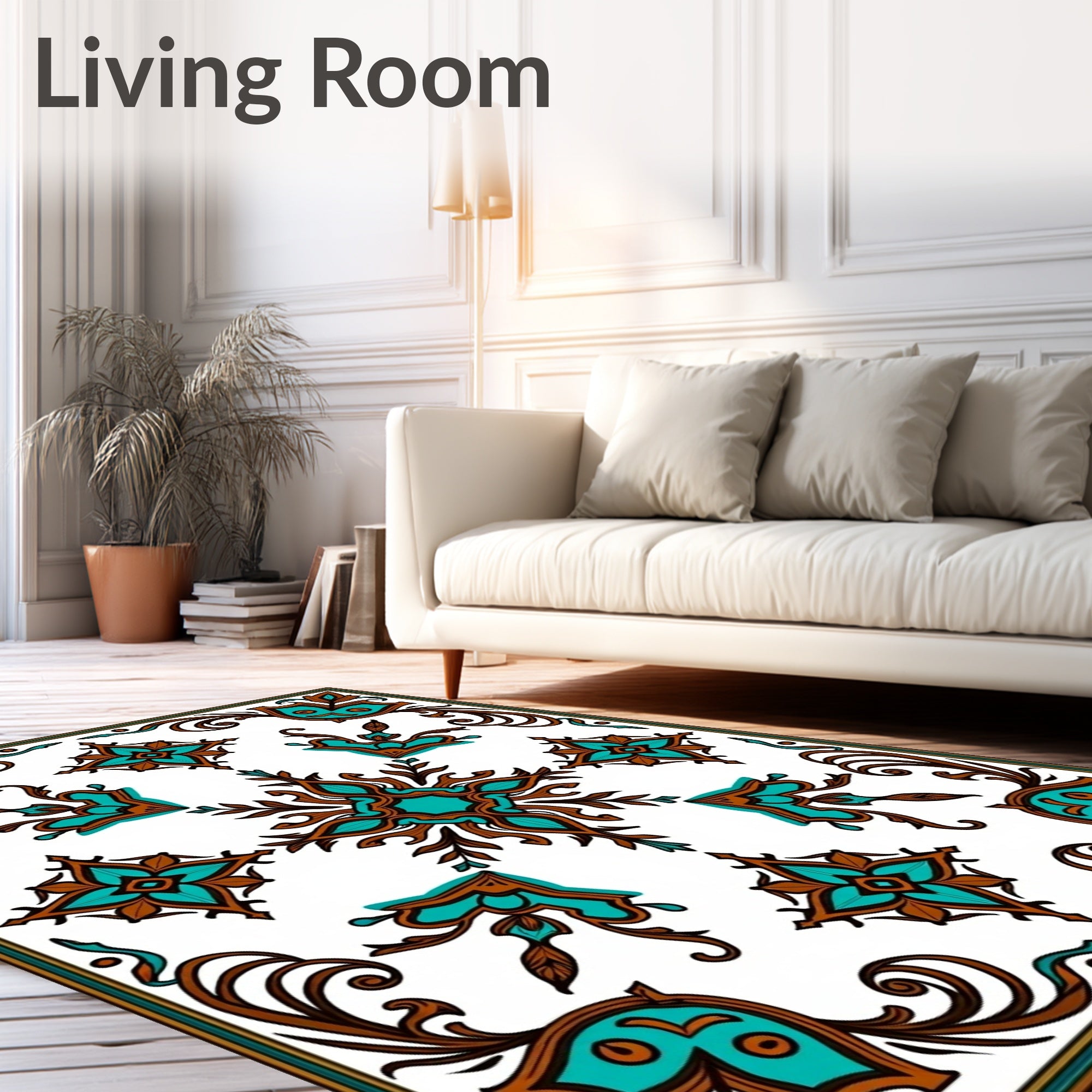 Ornate Teal Brown Floral Medallion Pattern Rug