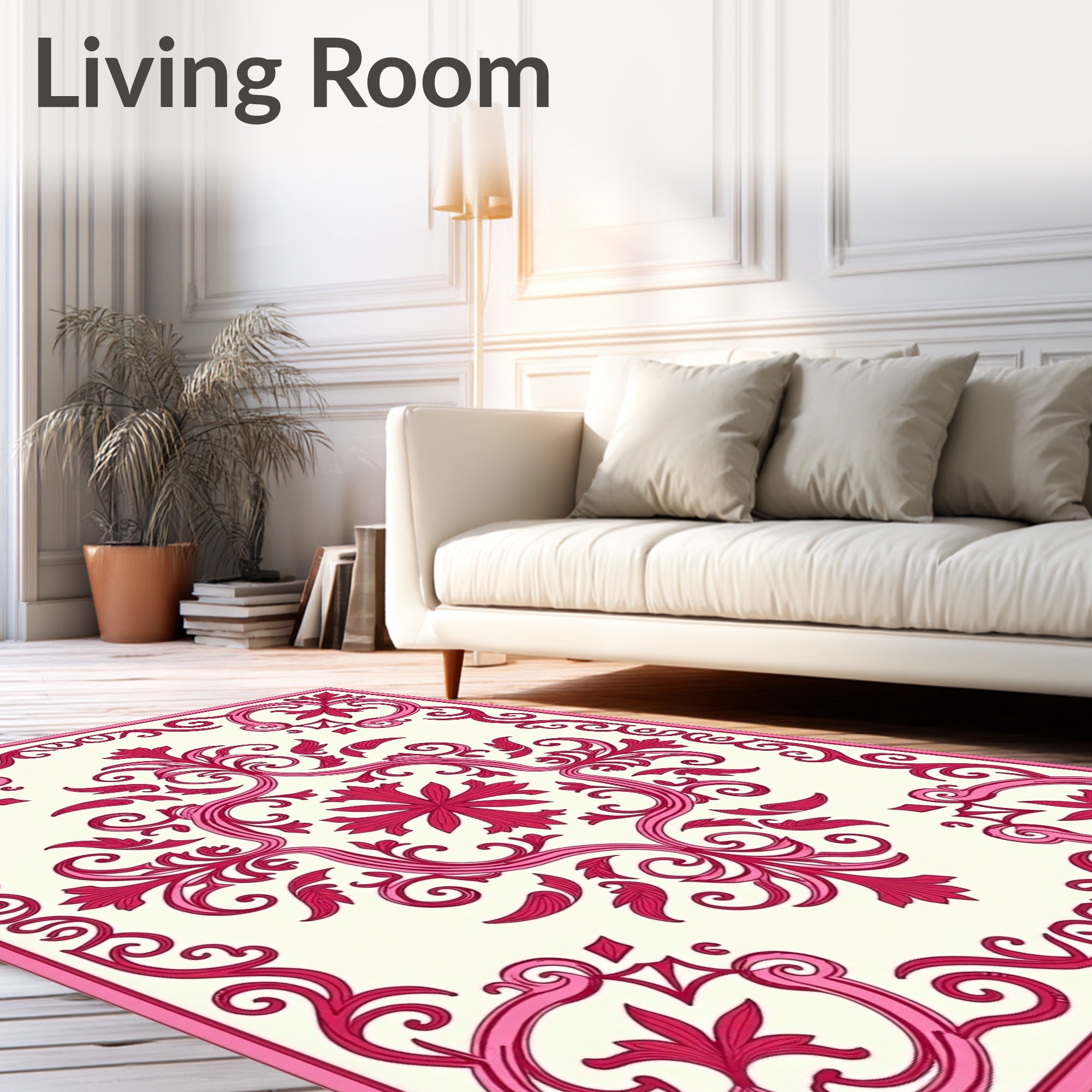 Ornate Pink Floral Scroll Rug
