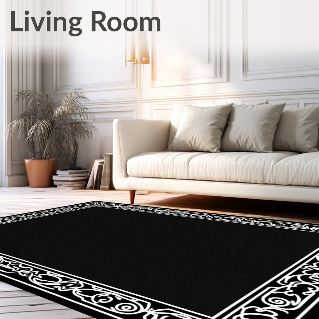 Black White Ornate Scrollwork Design Rug