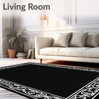 Black White Ornate Scrollwork Design Rug