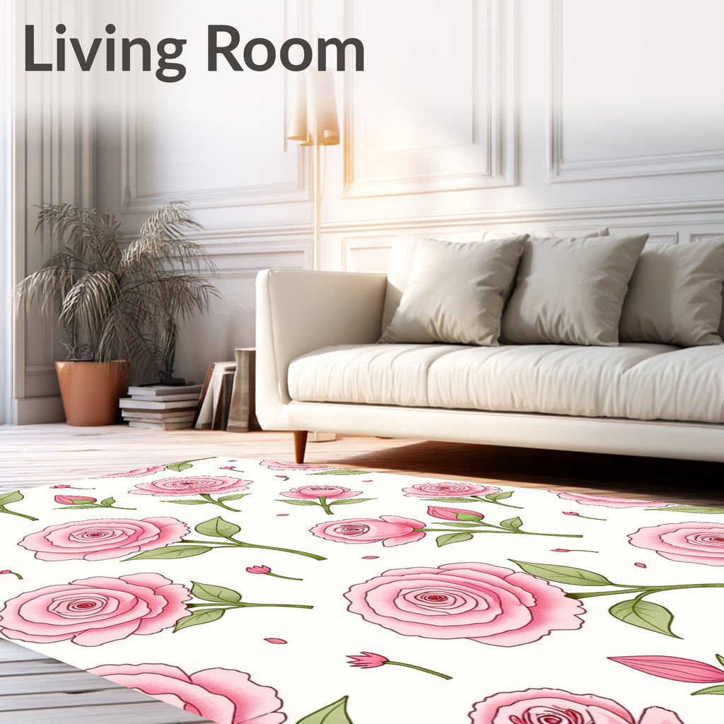 Pink Rose Blossom Botanical Pattern Rug