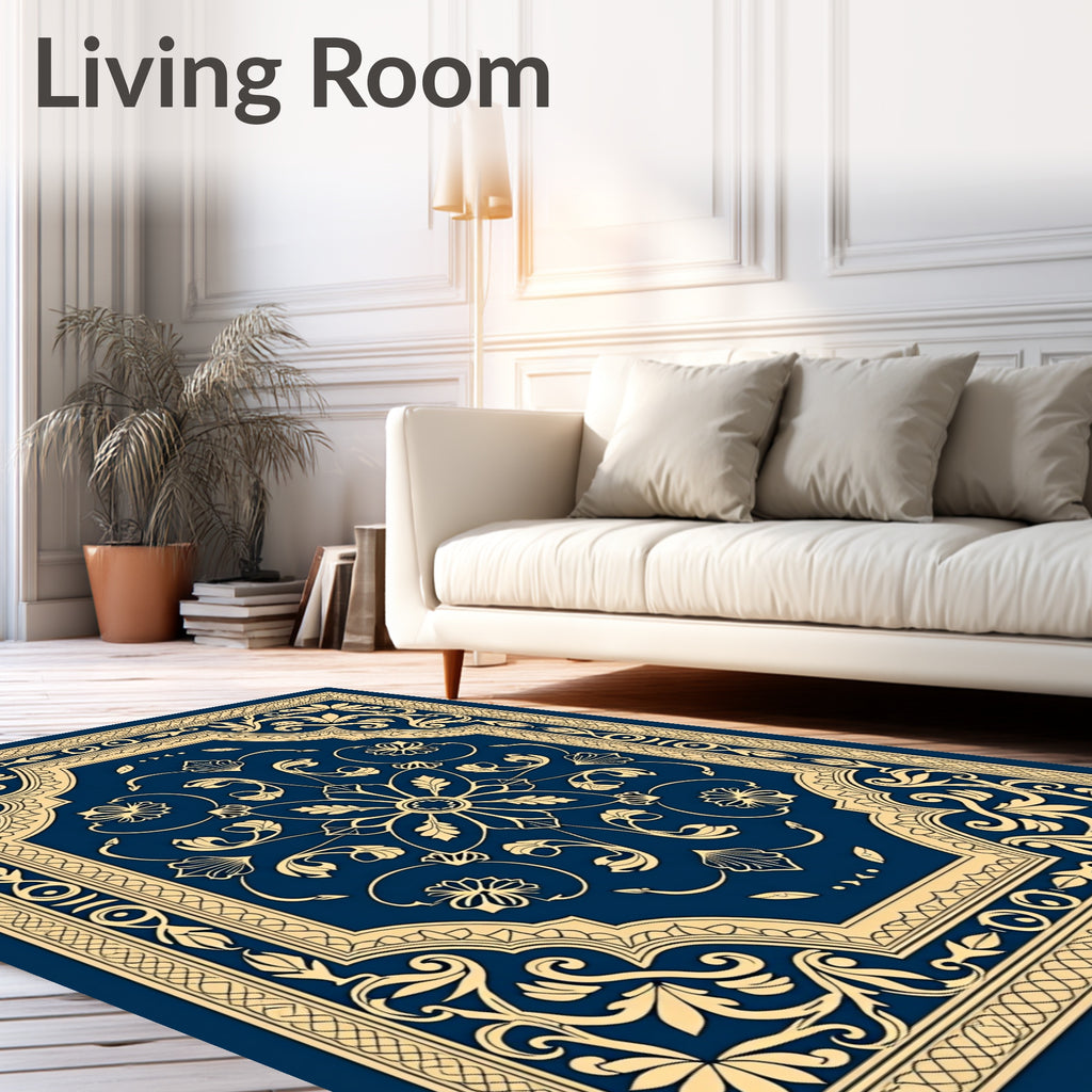 Rich Gold Navy Floral Medallion Design Rug