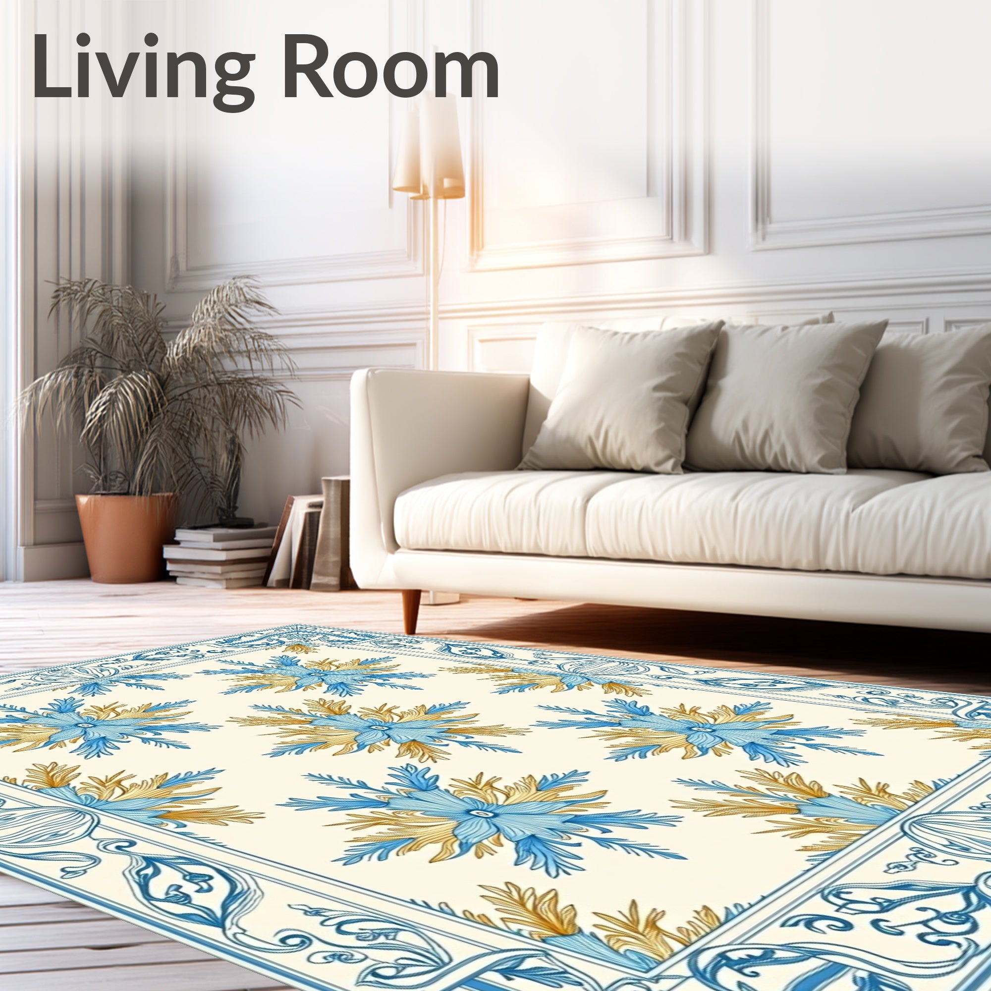 Elegant Blue Gold Floral Medallion Pattern Rug