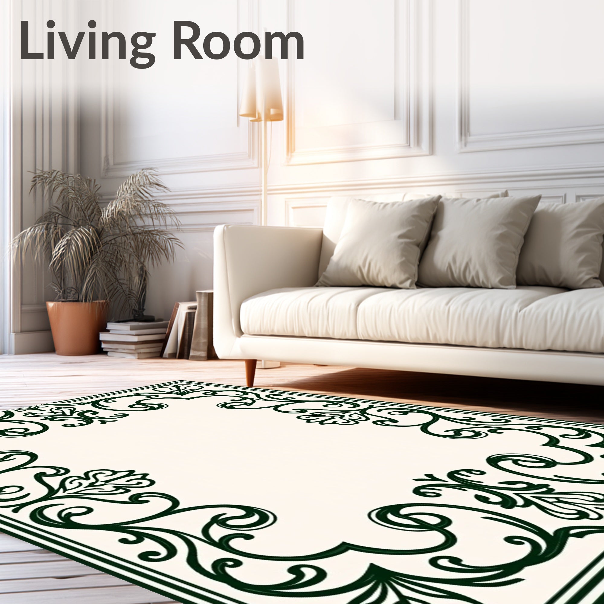 Elegant Green Scrollwork Frame Rug