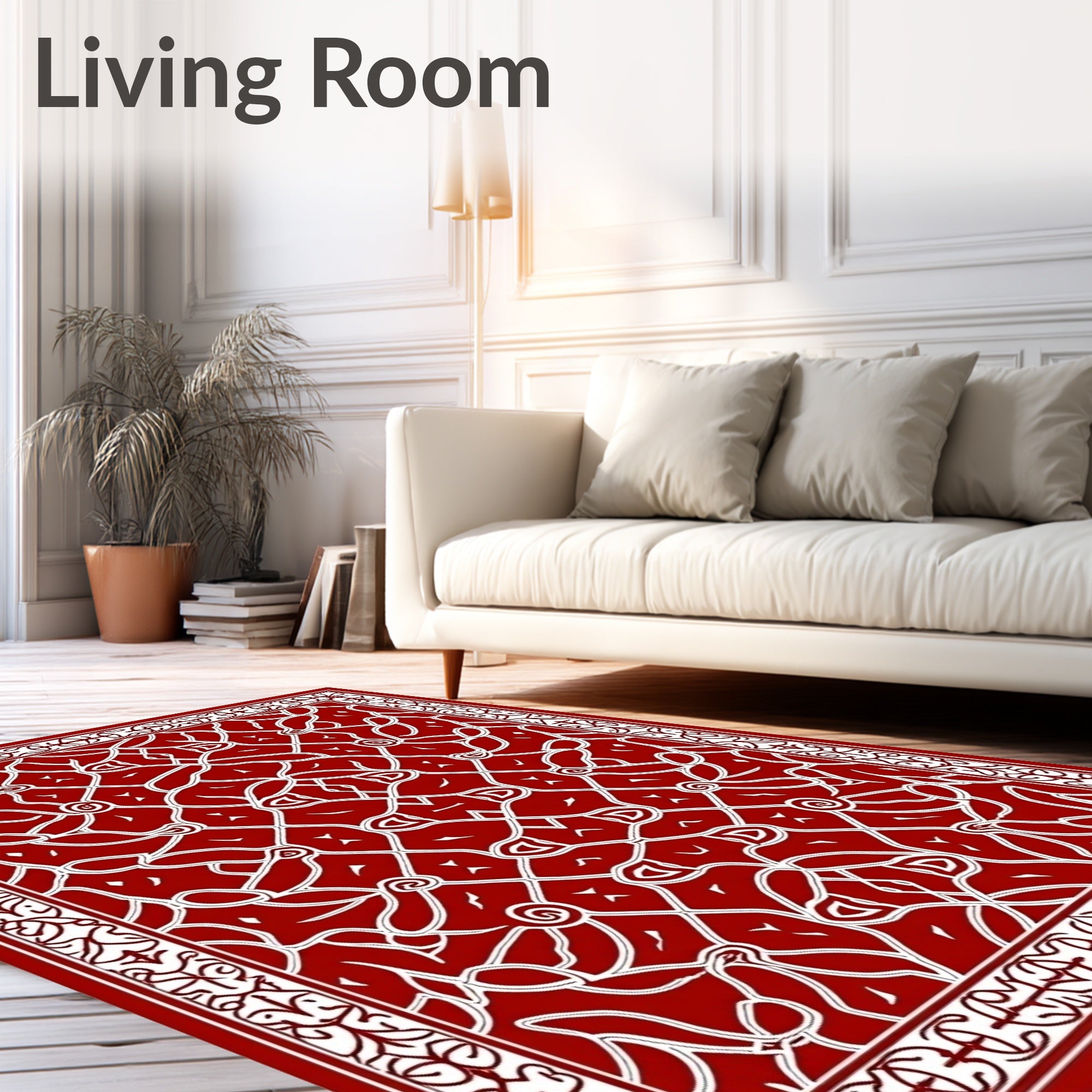 Crimson White Intricate Floral Scroll Design Rug