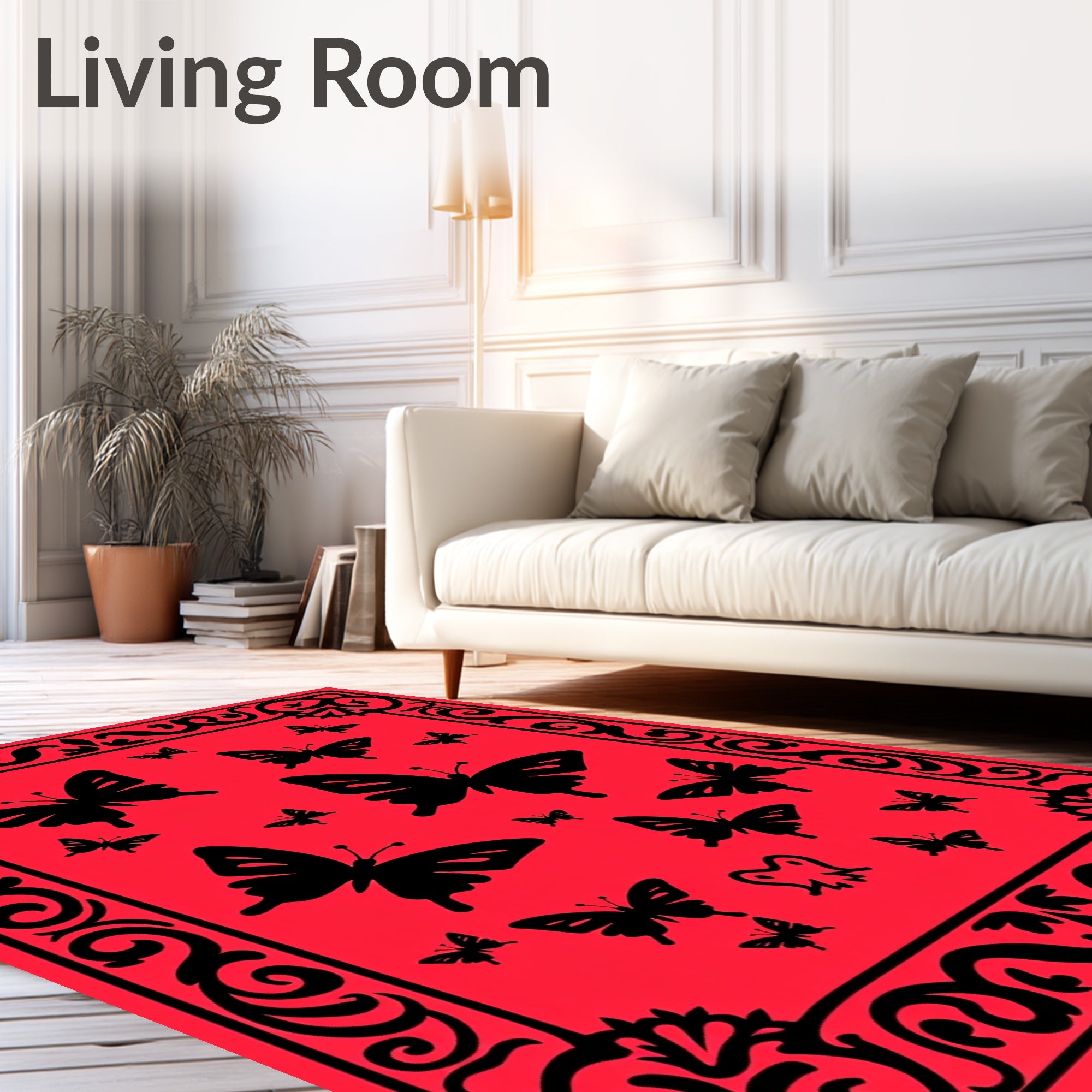 Black Butterfly Patterned Red Rug