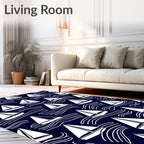 White Sailboats on Navy Waves Pattern Rug