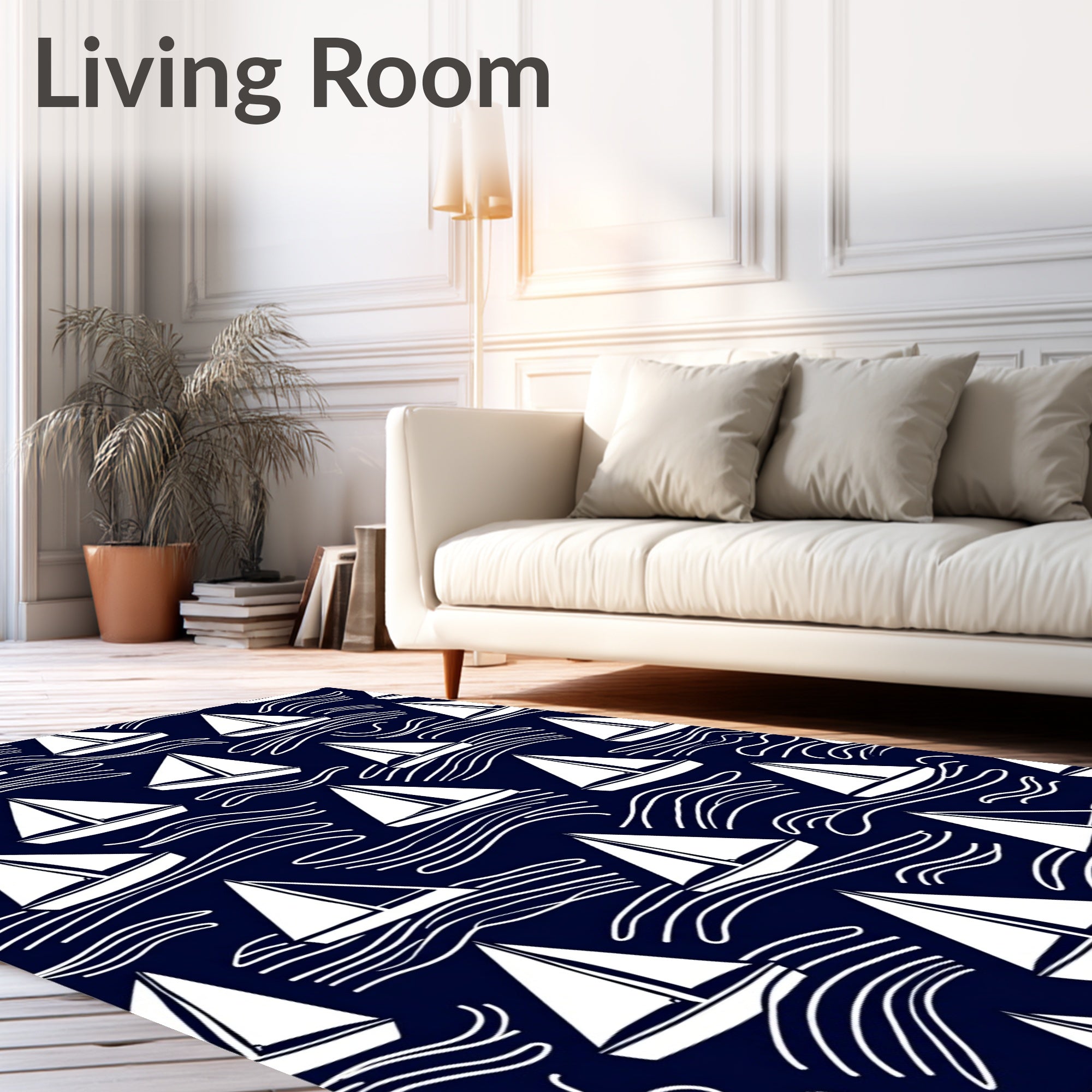 White Sailboats on Navy Waves Pattern Rug