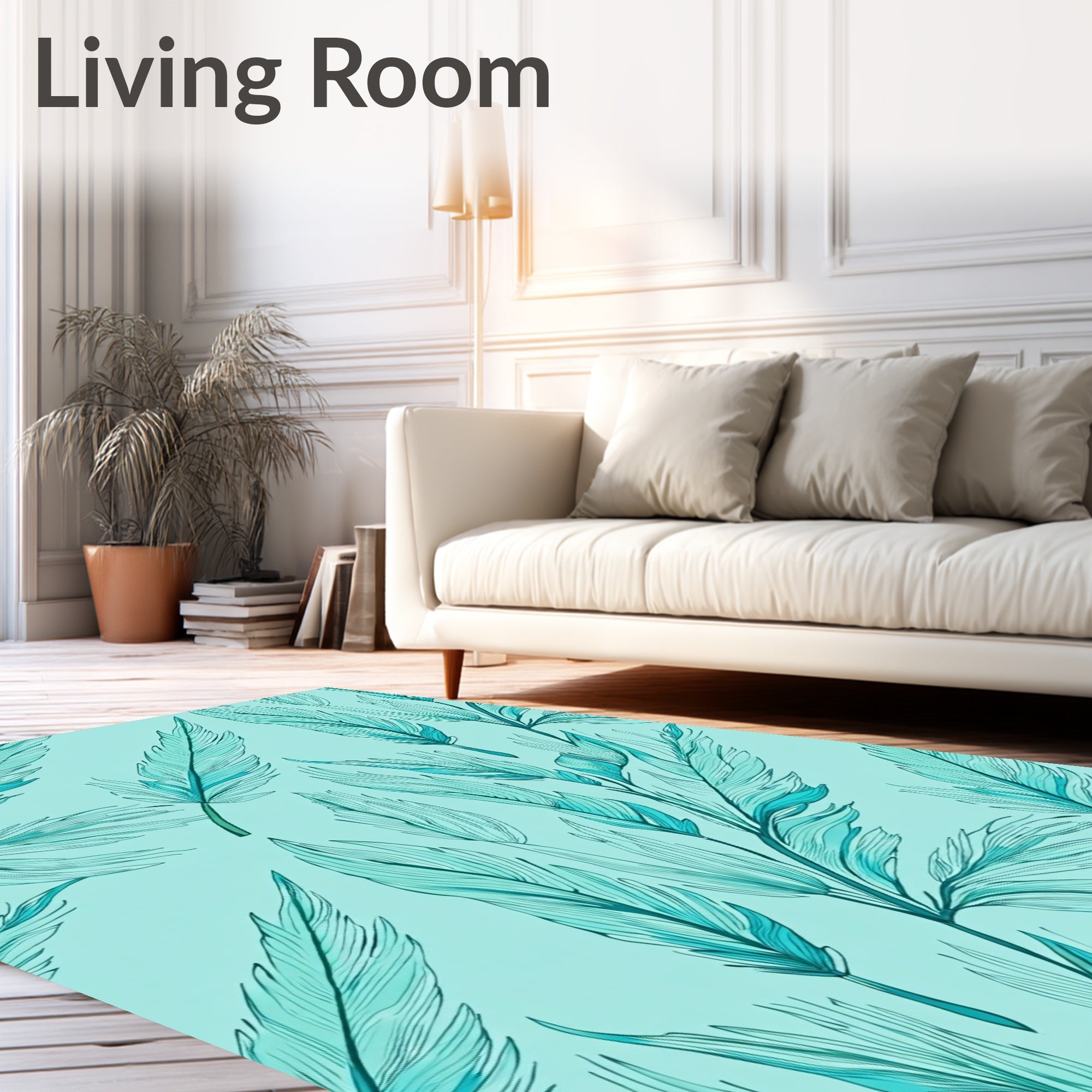 Elegant Teal Feather Pattern Design Rug