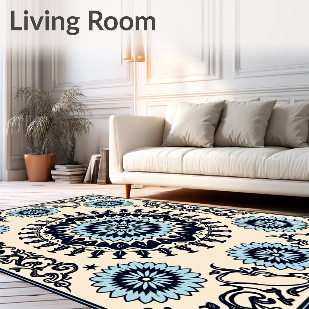 Floral Mandala Medallion Blue Black Rug