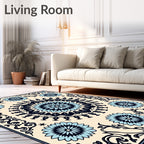 Floral Mandala Medallion Blue Black Rug
