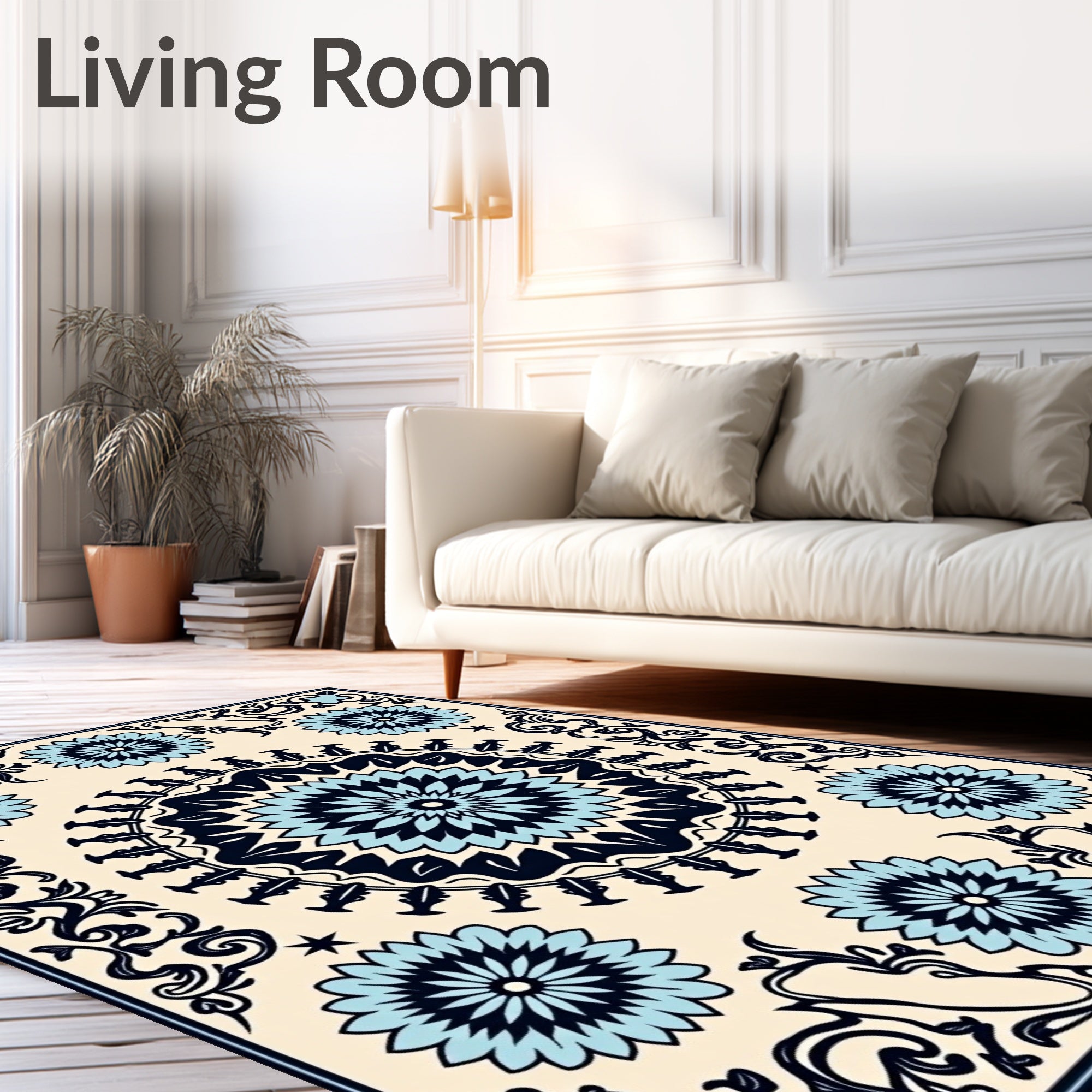 Floral Mandala Medallion Blue Black Rug