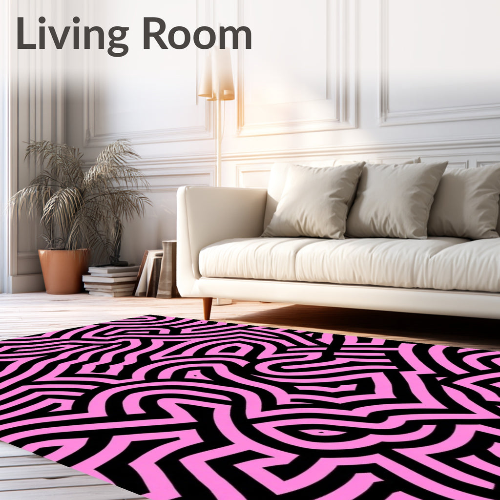 Pink Black Abstract Maze Pattern Rug