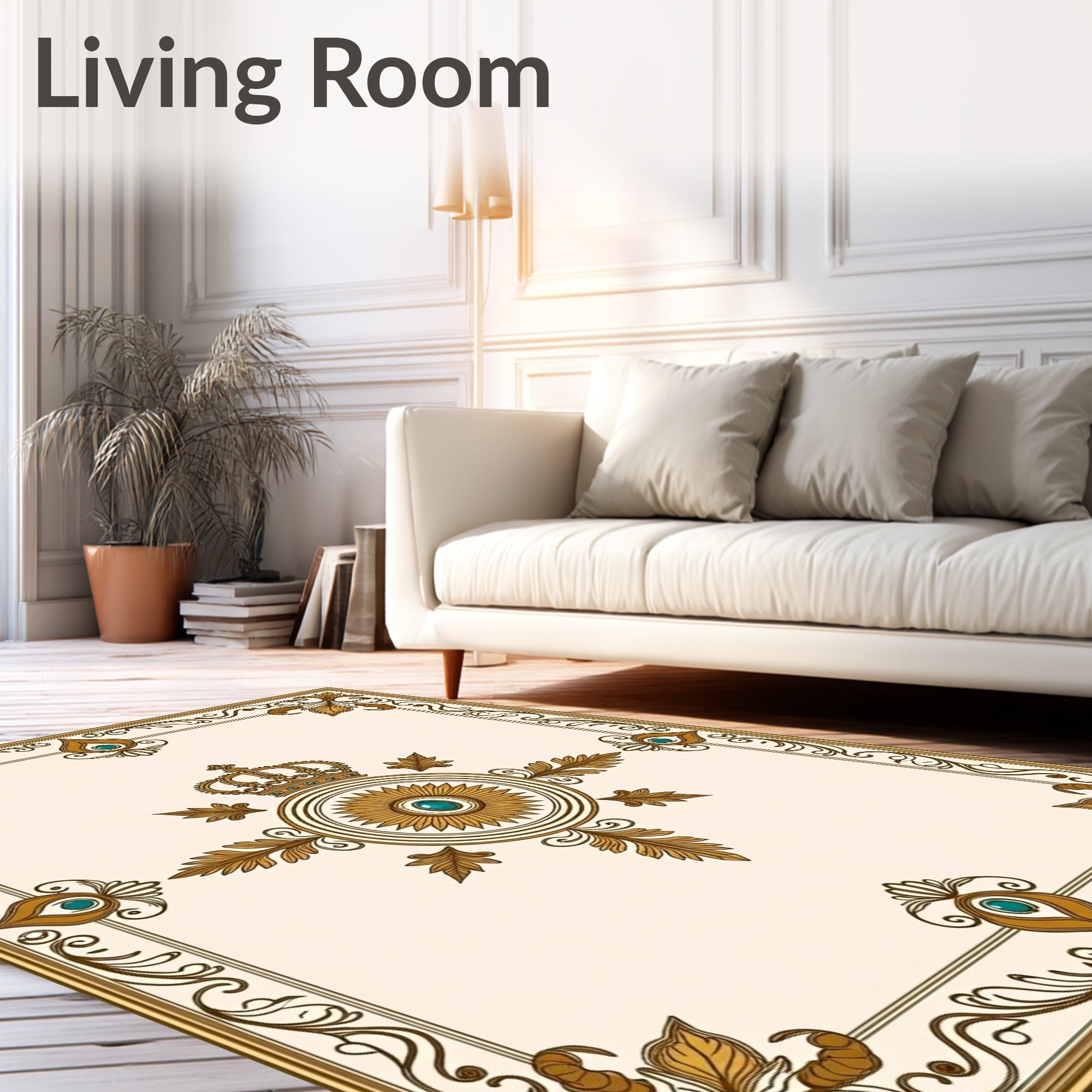 Ornate Golden Crown Jewel Pattern Rug