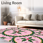 Pink Christmas Holly Snowflake Medallions Rug