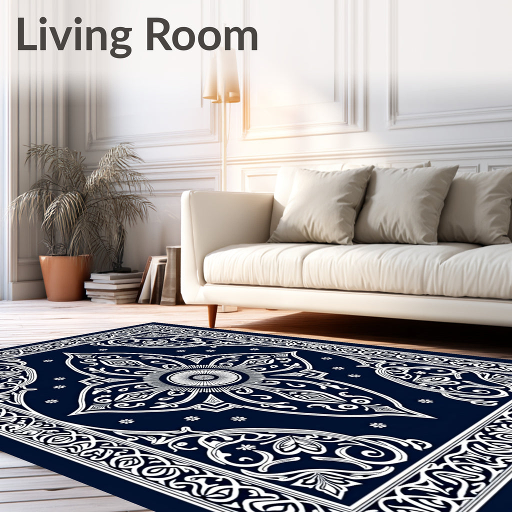 Ornate Floral Scrollwork Indigo Rug