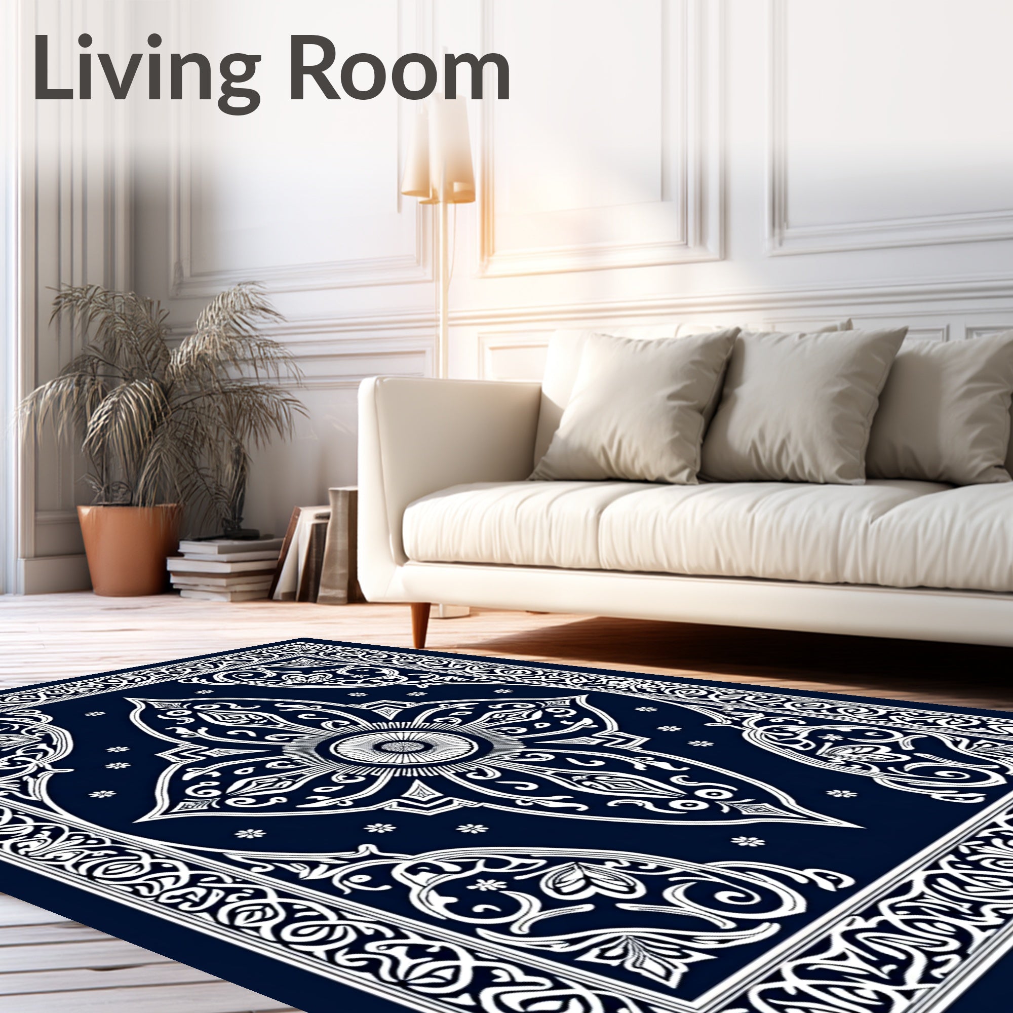 Ornate Floral Scrollwork Indigo Rug