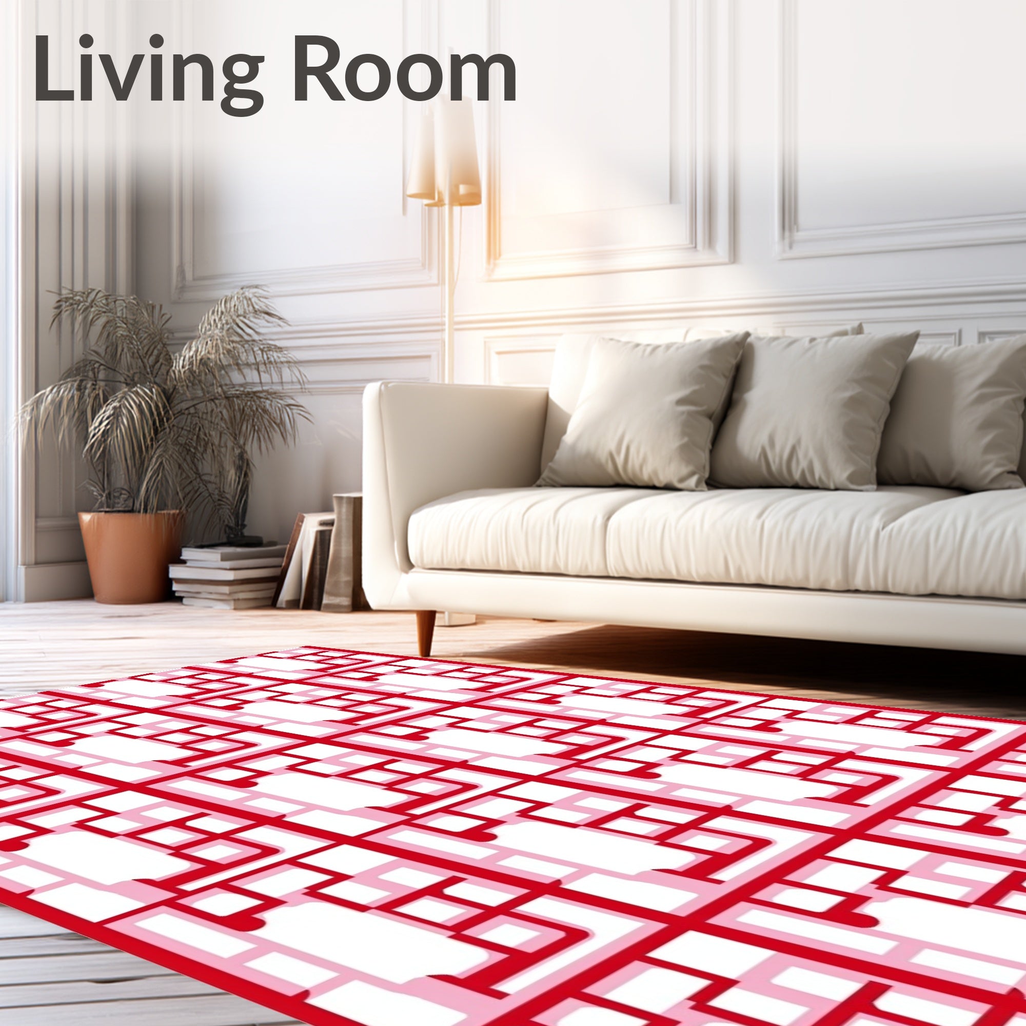 Geometric Red White Lattice Pattern Rug