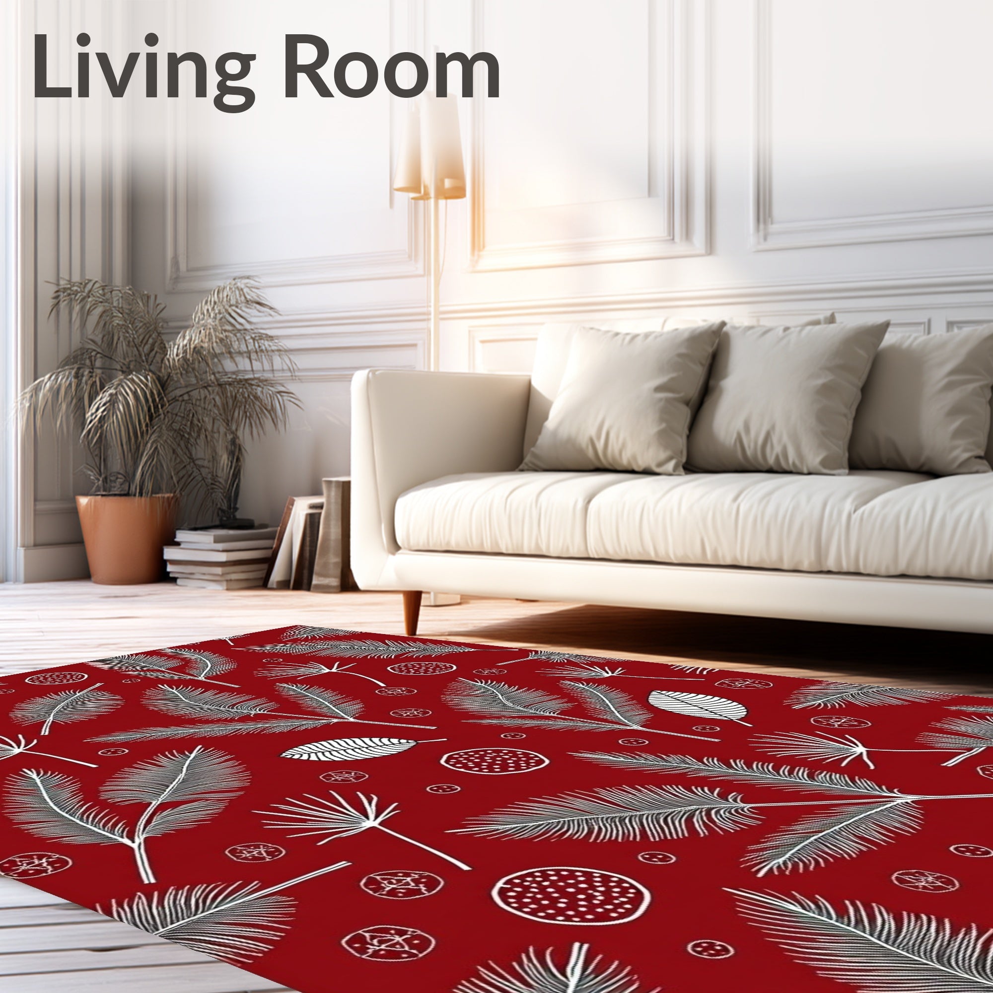 Deep Red White Tropical Leaf Medley Rug
