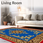 Ornate Blue Gold Floral Border Rug