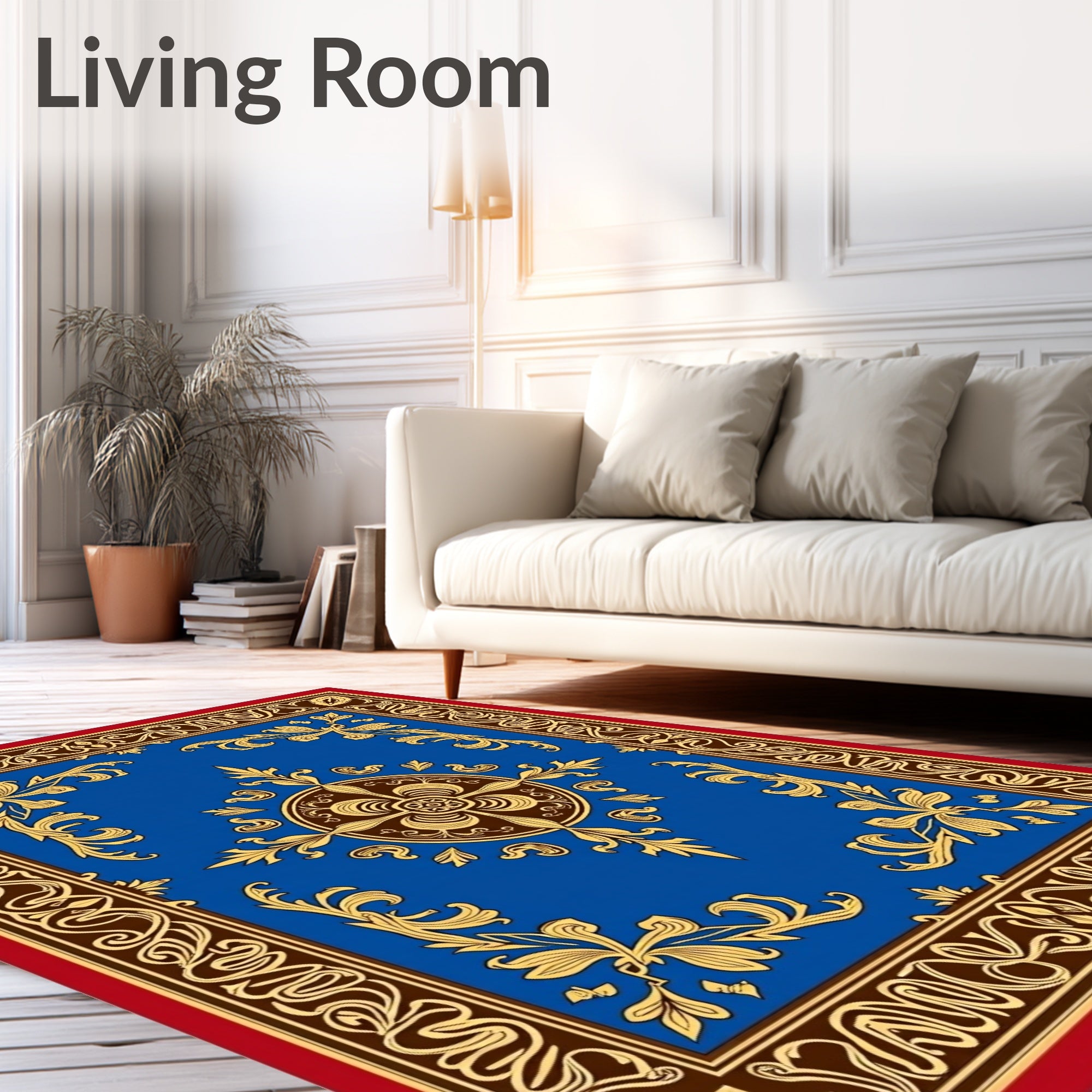 Ornate Blue Gold Floral Border Rug