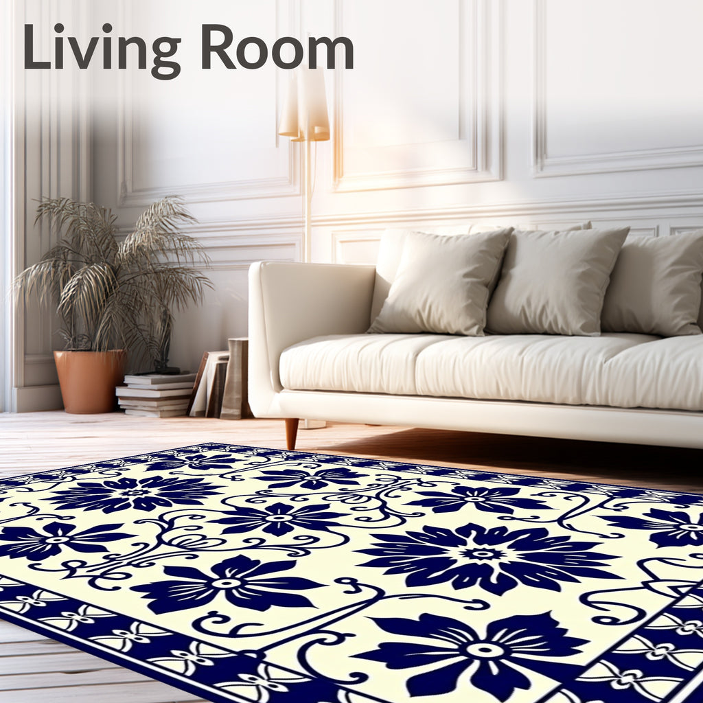 Classic Floral Blue Cream Motif Rug