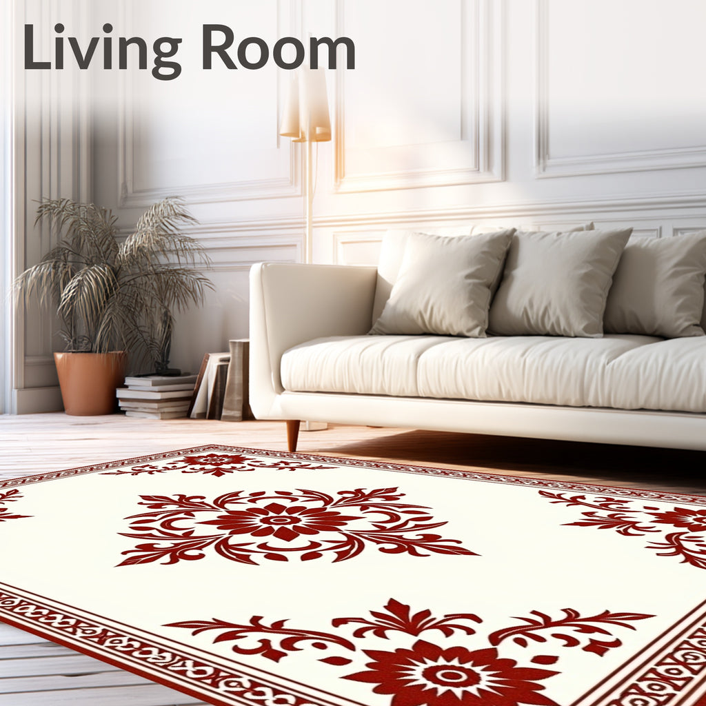 Damask Floral Crimson Border Rug