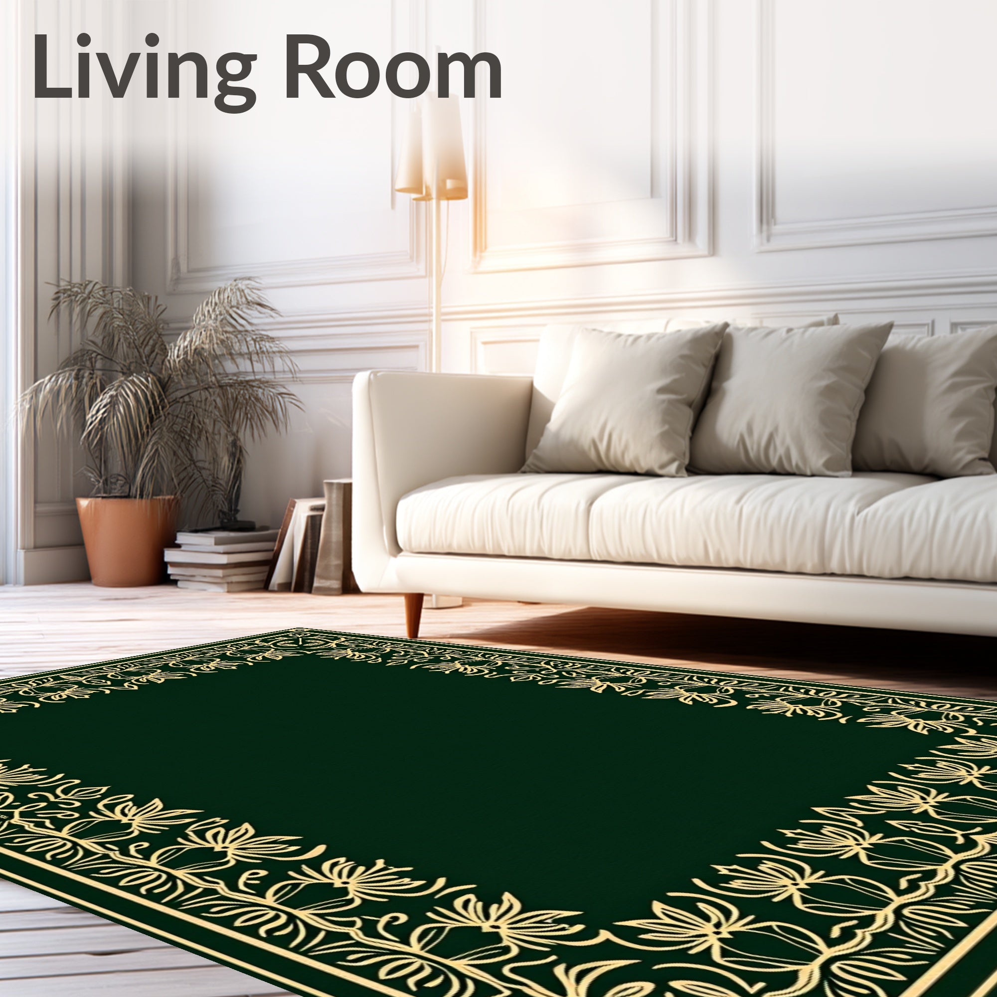 Elegant Cream Floral Border Green Rug