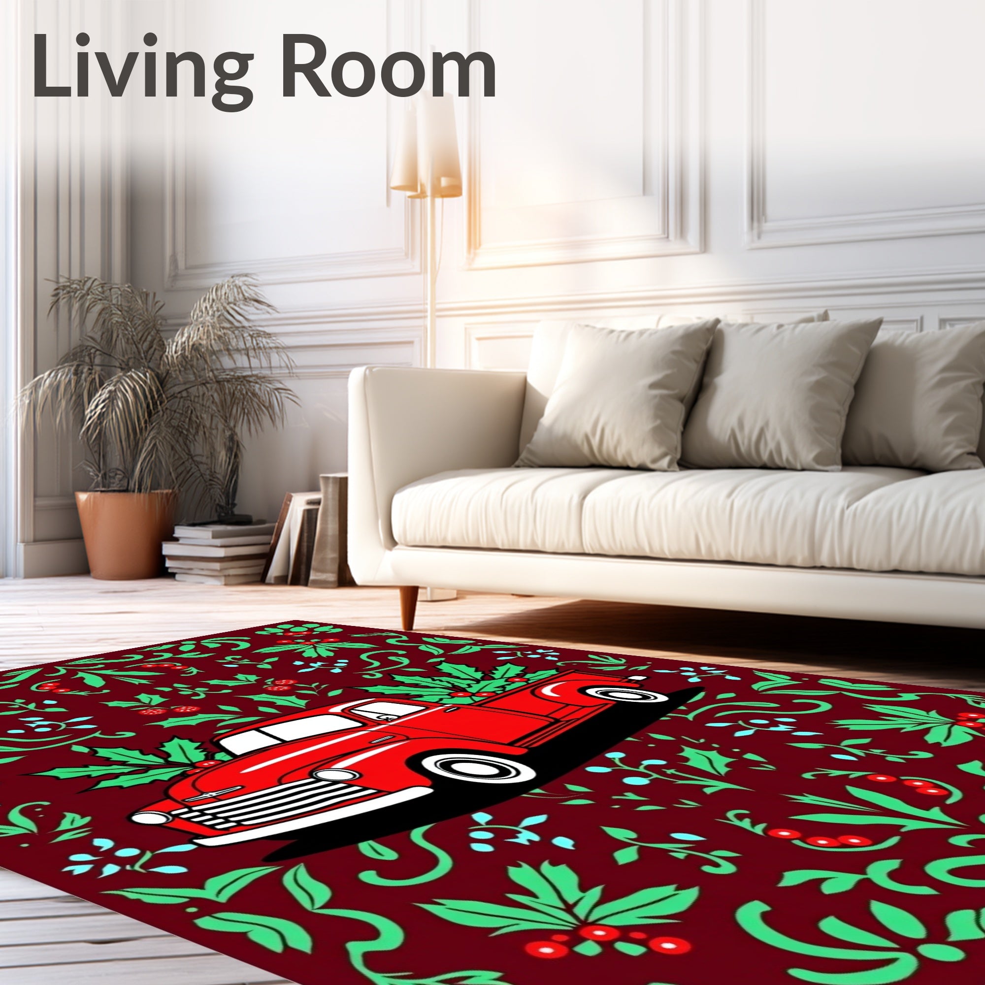 Crimson Red Truck Holly Floral Rug