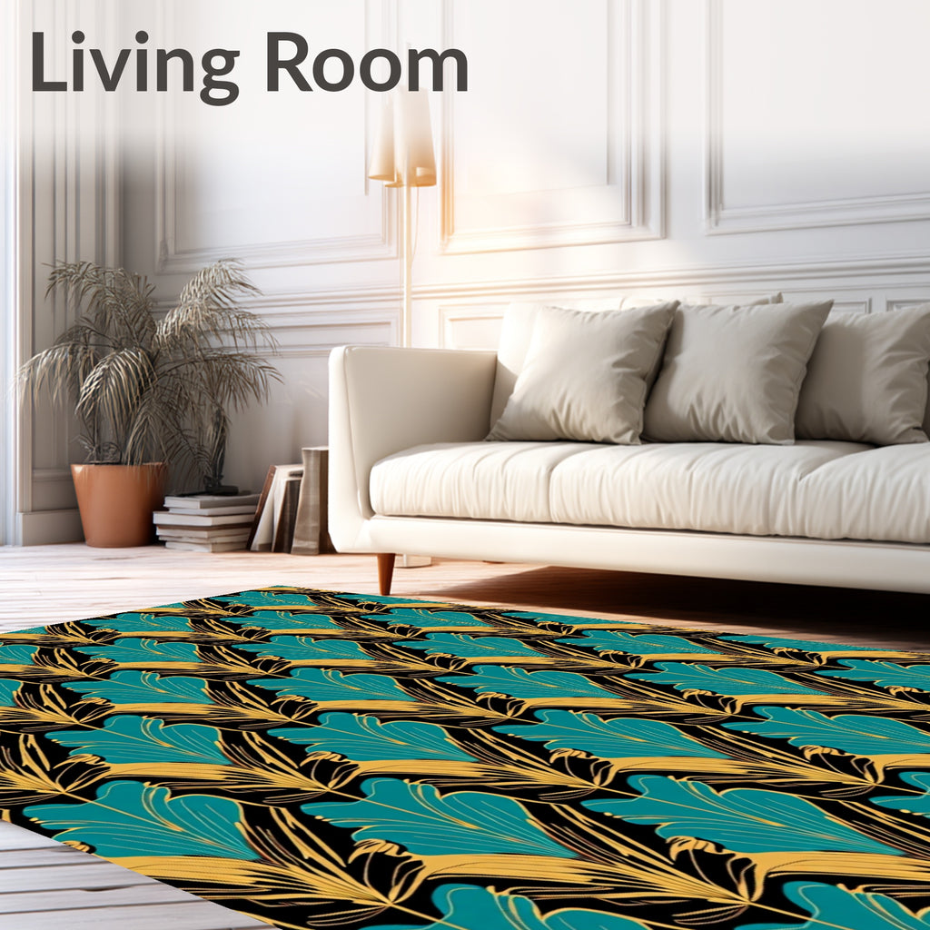 Art Deco Teal Gold Floral Pattern Rug