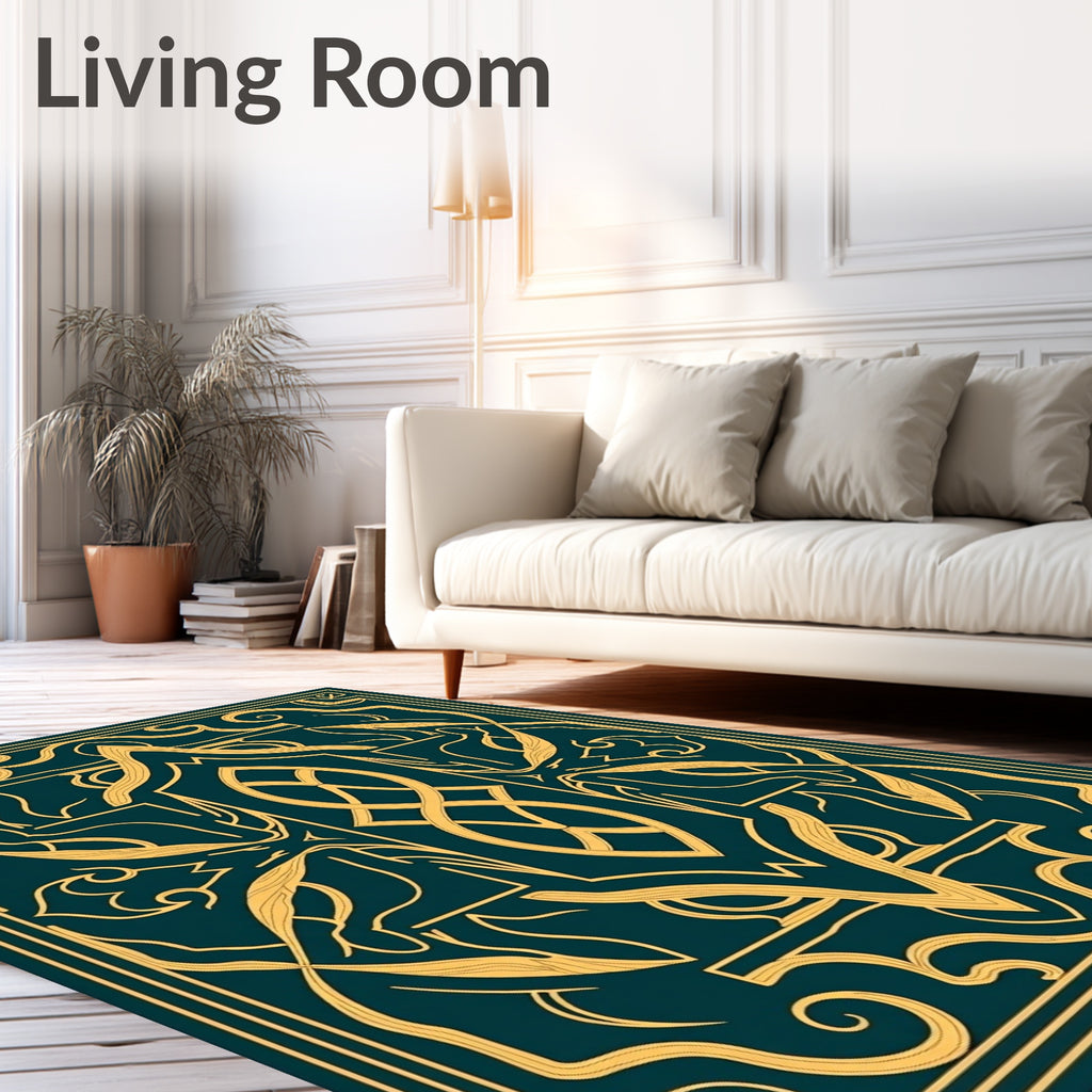 Elegant Gold Scrollwork Teal Rug