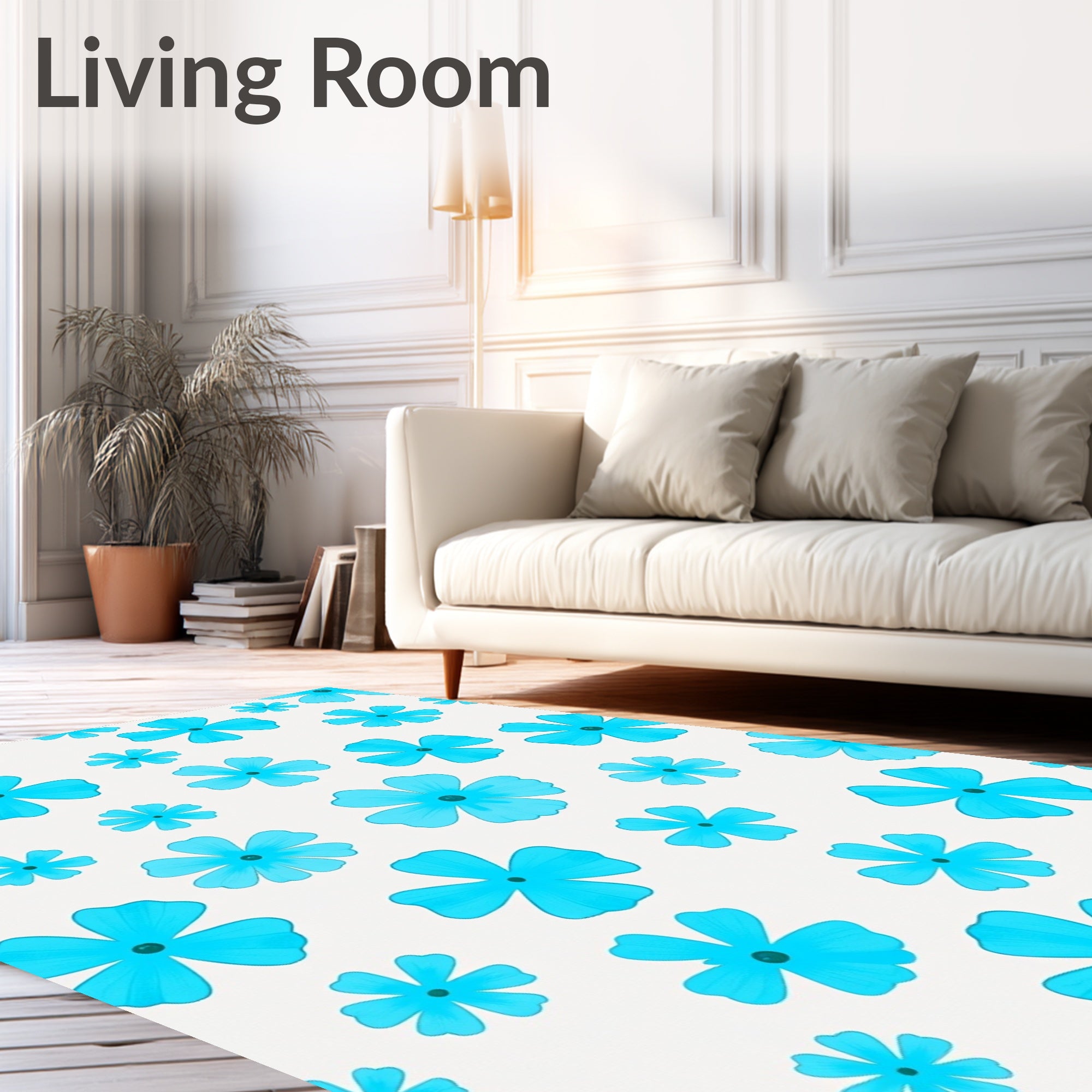 Bright Blue Floral Pattern Rug