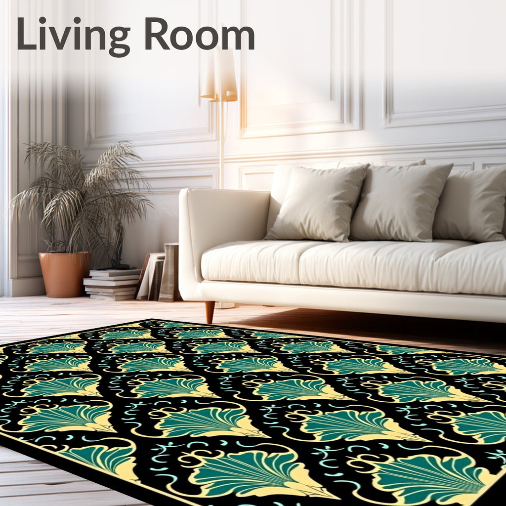 Art Nouveau Teal Gold Floral Pattern Rug