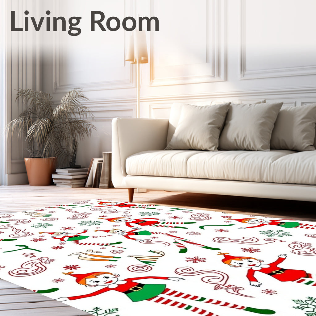 Playful Red Green Christmas Elf Snowflakes Rug