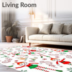Playful Red Green Christmas Elf Snowflakes Rug