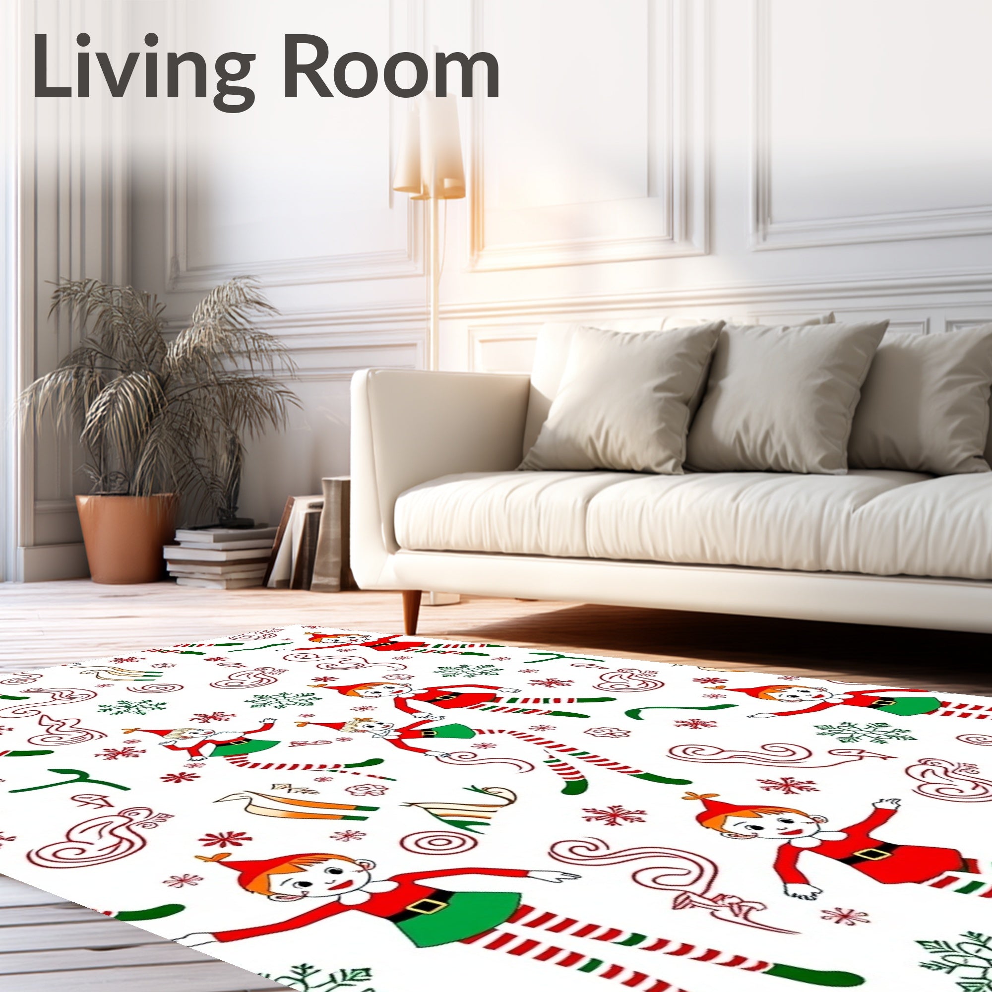 Playful Red Green Christmas Elf Snowflakes Rug
