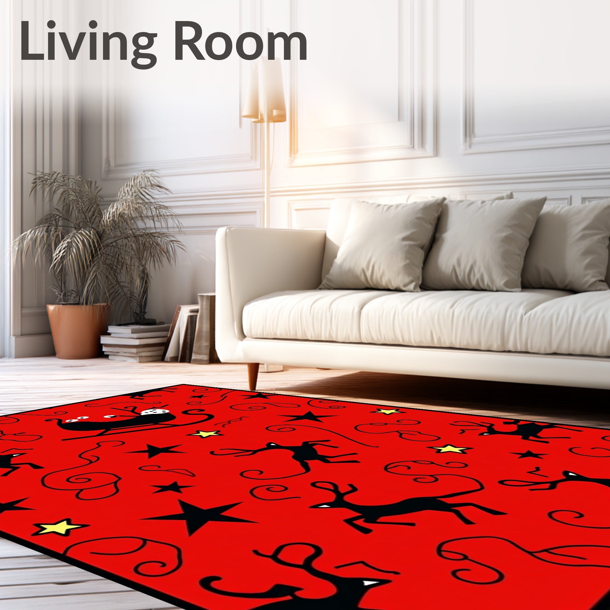 Red Sleigh Reindeer Star Swirls Rug