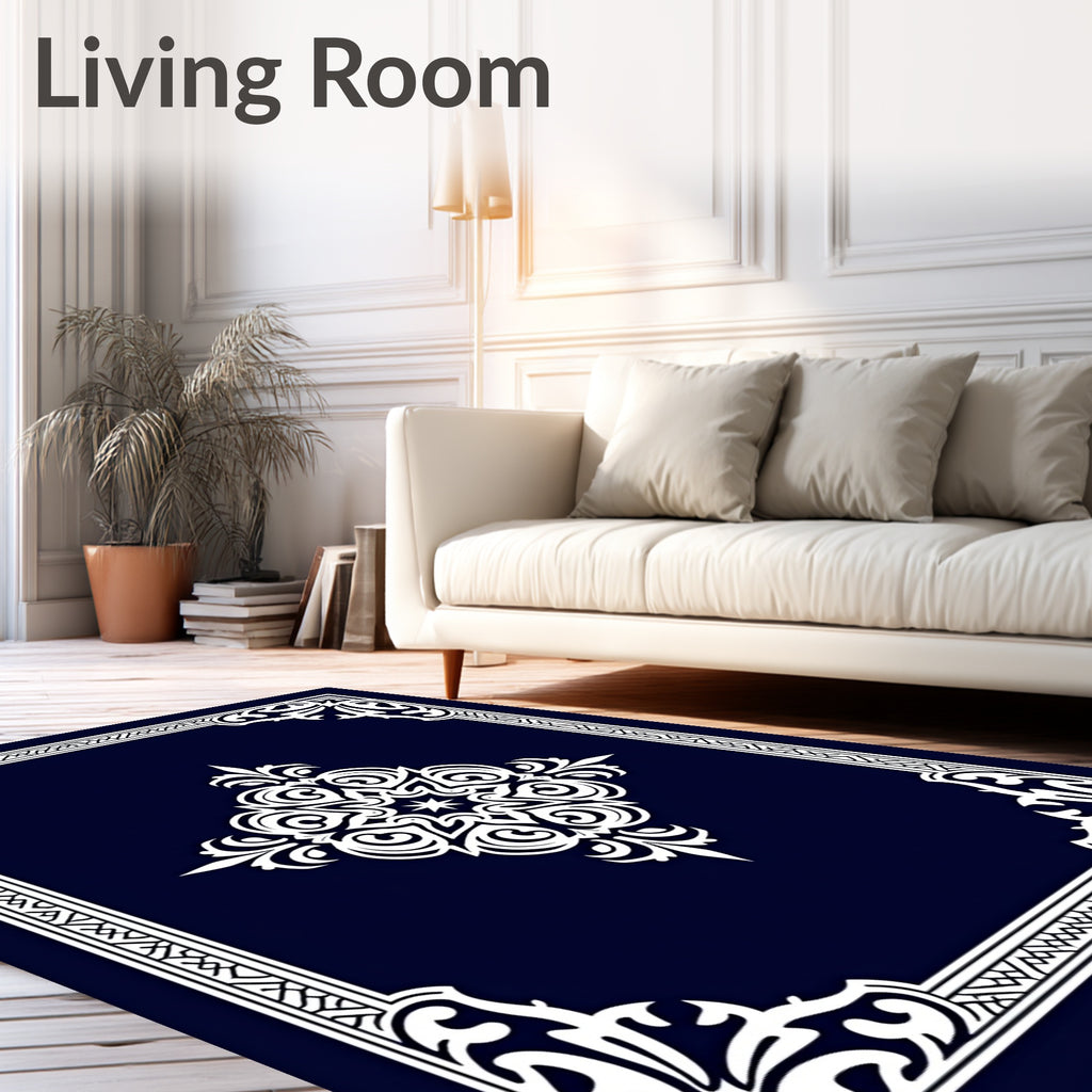Ornate White Decorative Emblem Rug