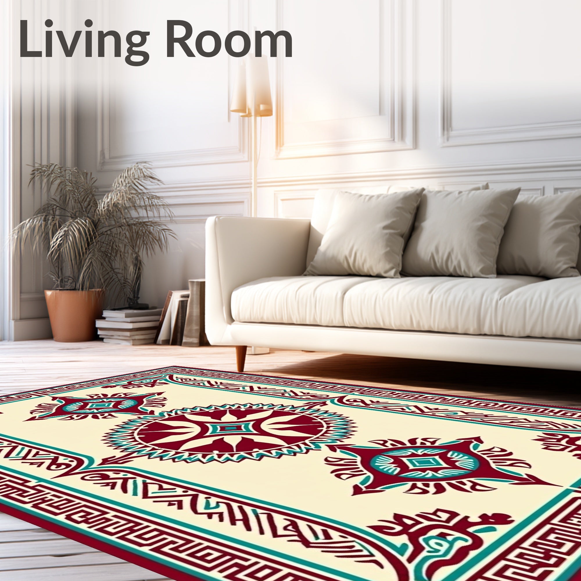 Maroon Teal Medallion Geometric Pattern Rug