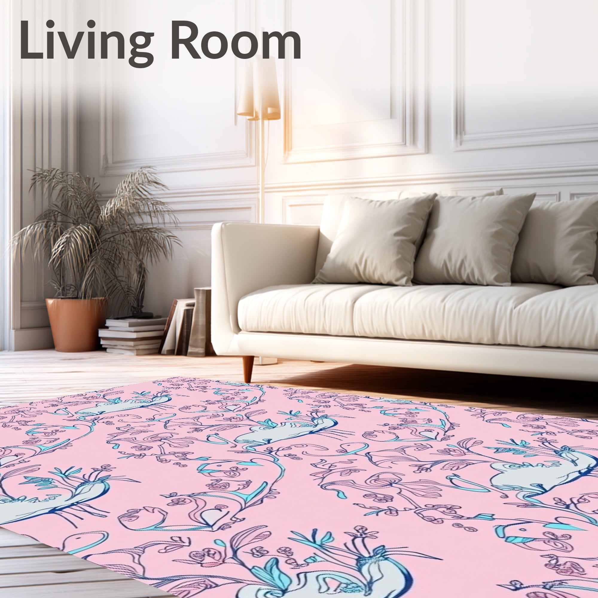 Whimsical Pink Floral Animal Garden Rug