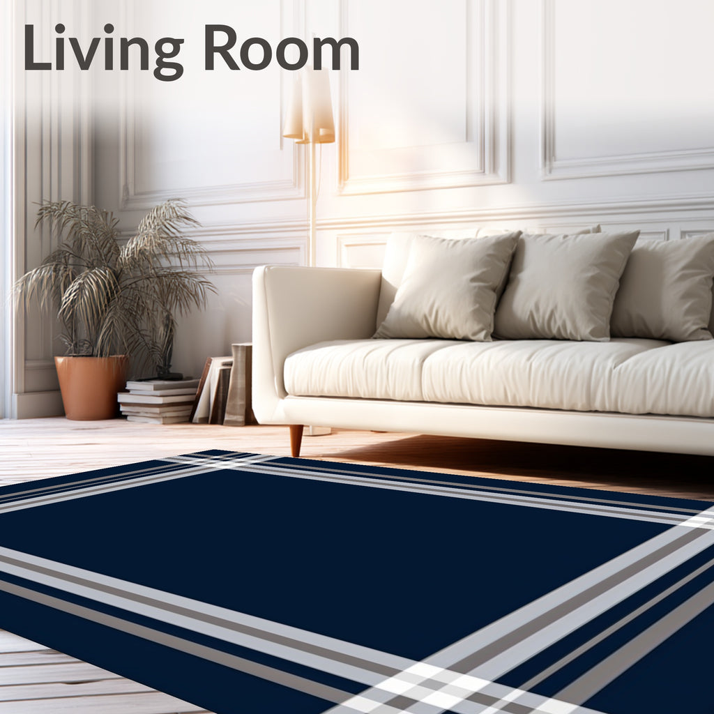 Classic Navy Plaid Border Design Rug