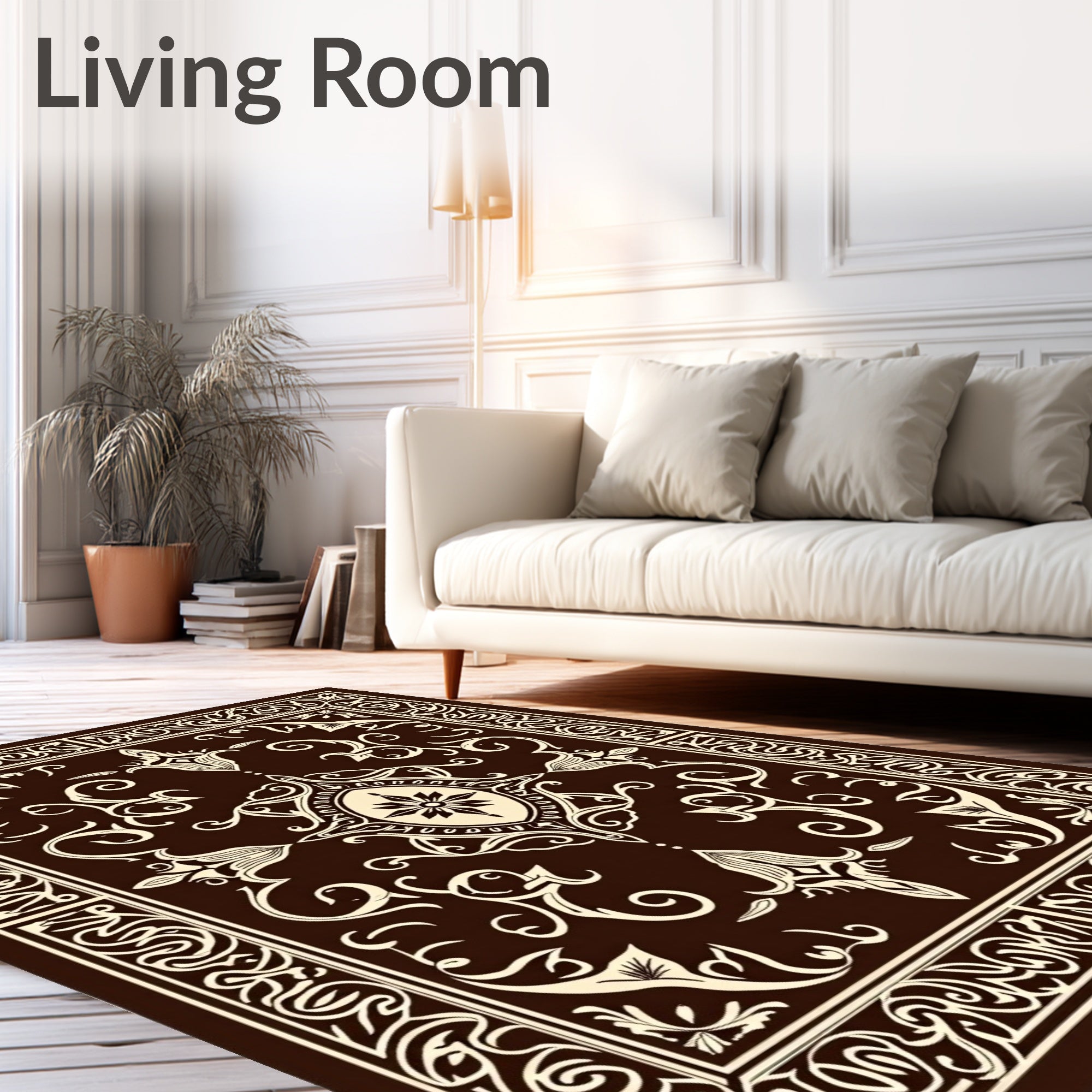 Dark Ochre Floral Scroll Pattern Rug