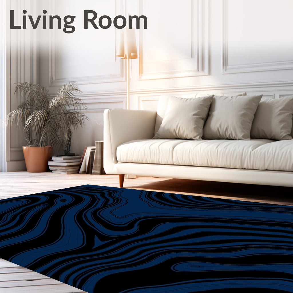 Abstract Blue And Black Swirl Pattern Rug