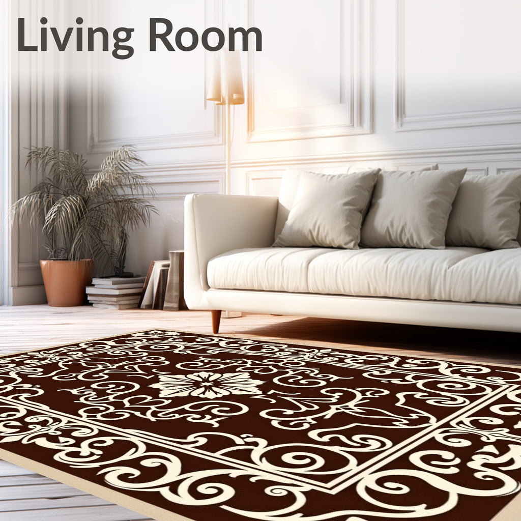 Elegant Scrollwork Floral Brown Rug