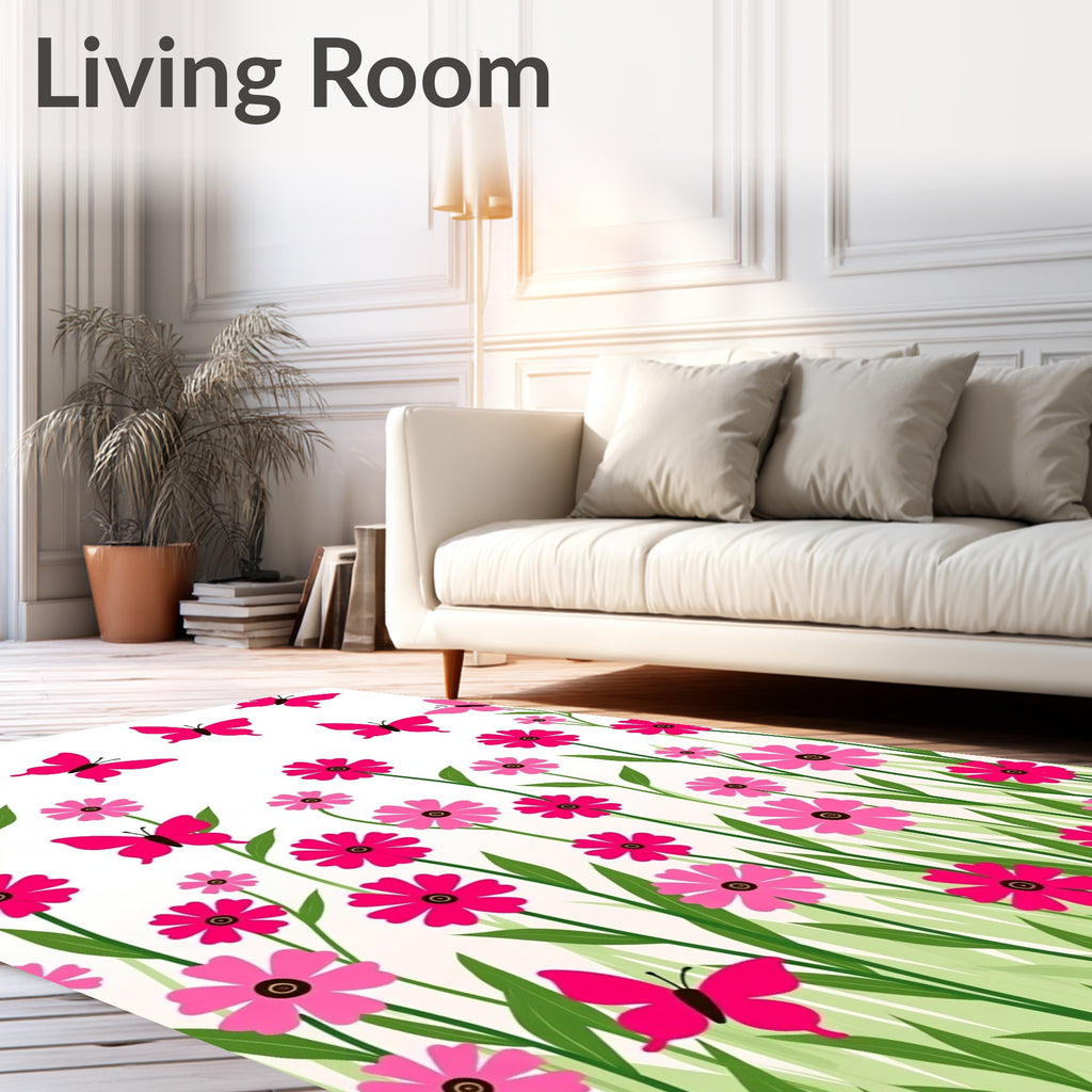 Whimsical Pink Butterflies Floral Meadow Rug